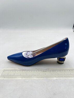 FSJ Blue Bridal Pointed Toe Chunky Low Heel Crystal Pumps Slip on Wedding Shoes